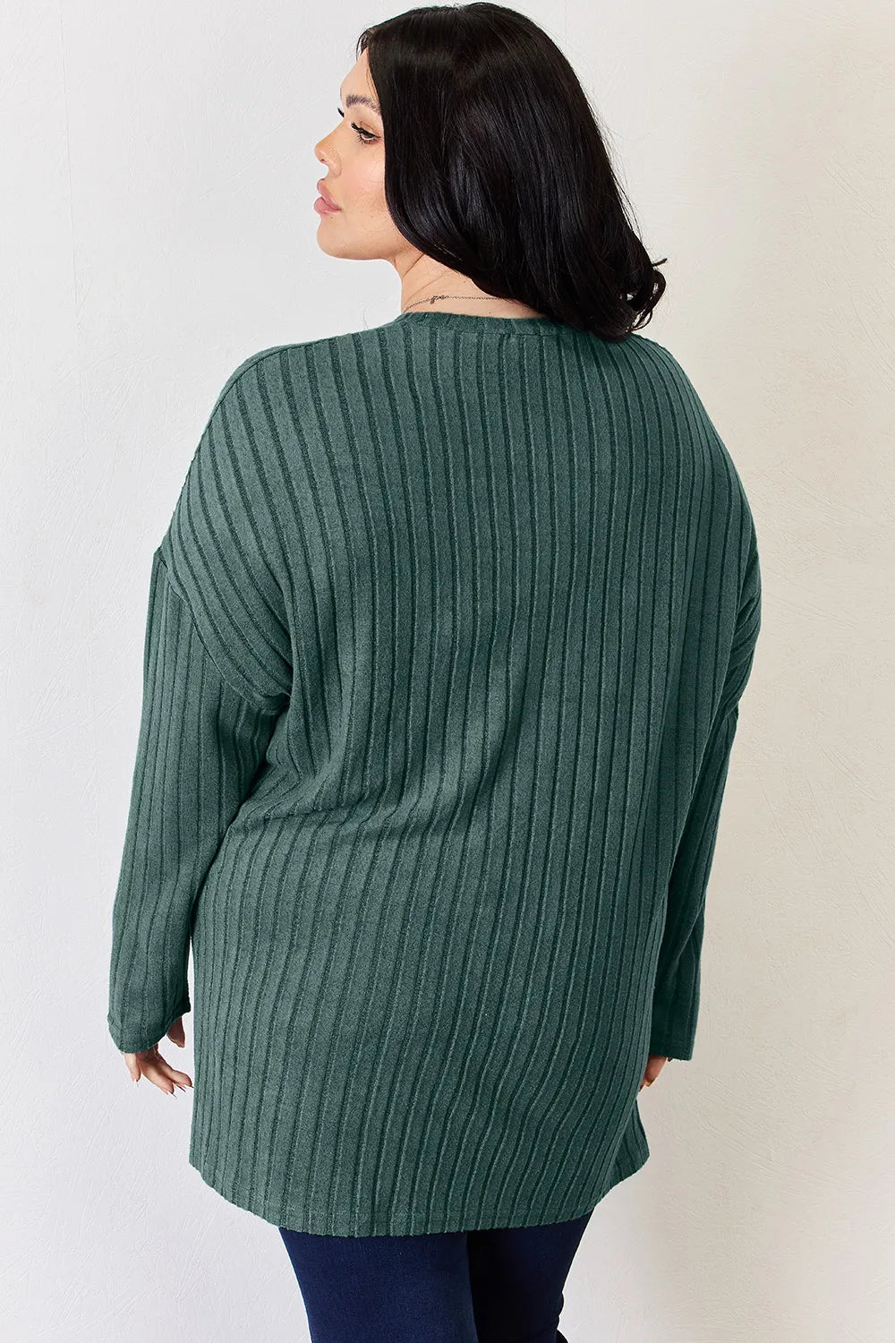 Sky blue Trendsi Basic Bae ribbed long sleeve high-low T-shirt with half button closure and full size fit, casual and stylish.
