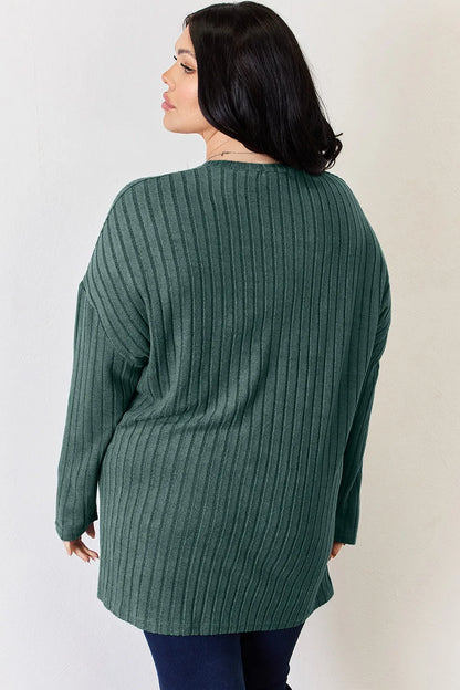 Sky blue Trendsi Basic Bae ribbed long sleeve high-low T-shirt with half button closure and full size fit, casual and stylish.