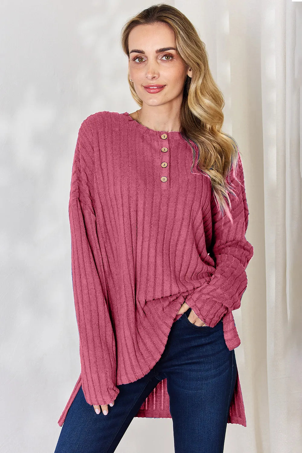 Sky blue Basic Bae ribbed half-button long sleeve high-low T-shirt by Trendsi, full size, with ribbed texture and casual style.
