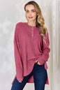 Sky blue Basic Bae ribbed half-button long sleeve high-low T-shirt by Trendsi, full size, with ribbed texture and casual style.