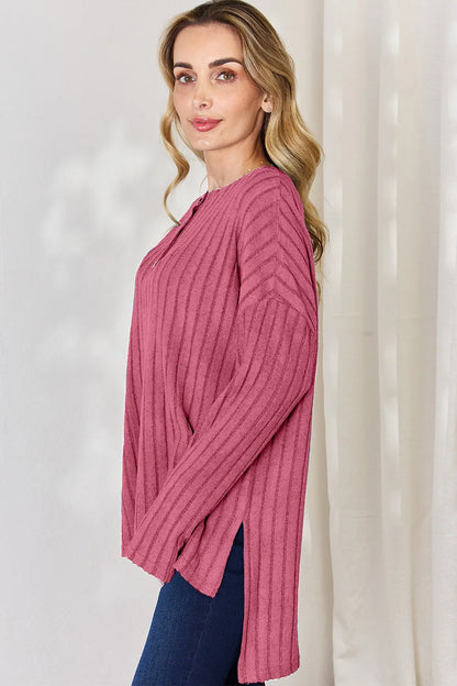 Sky blue Trendsi Basic Bae full-size ribbed long sleeve high-low T-shirt with half button detail and ribbed texture.