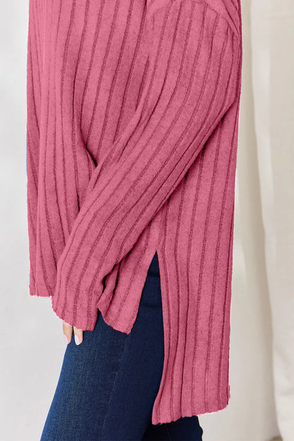 Sky blue ribbed long sleeve T-shirt with half button detail, high-low hem, from Trendsi's Basic Bae collection.