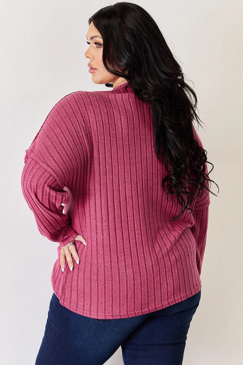 Sky blue Basic Bae long sleeve ribbed high-low T-shirt with half buttons, full size, from Trendsi.