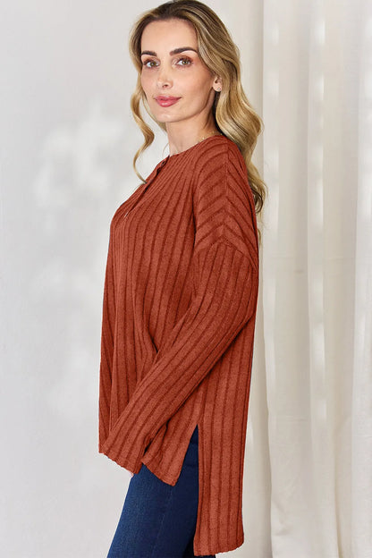 Sky-blue Basic Bae ribbed long sleeve T-shirt with half button front, high-low hem, and relaxed fit by Trendsi.