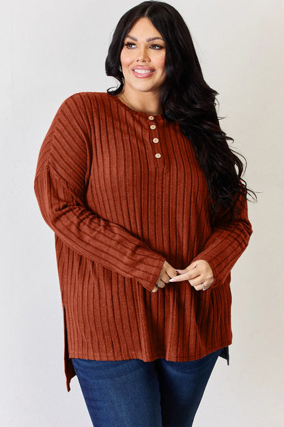 Sky blue Basic Bae ribbed long sleeve T-shirt with half buttons, high-low hem, from Trendsi.
