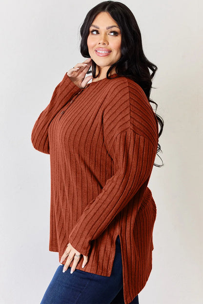Sky-blue ribbed long sleeve T-shirt with half-button front and high-low hem, from Trendsi's Basic Bae collection.