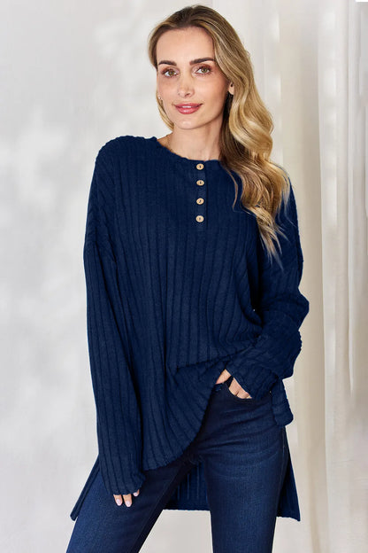 Sky blue Basic Bae ribbed long sleeve T-shirt with half button, high-low hem, full size, by Trendsi, casual and comfortable style.