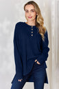 Sky blue Basic Bae ribbed long sleeve T-shirt with half button, high-low hem, full size, by Trendsi, casual and comfortable style.