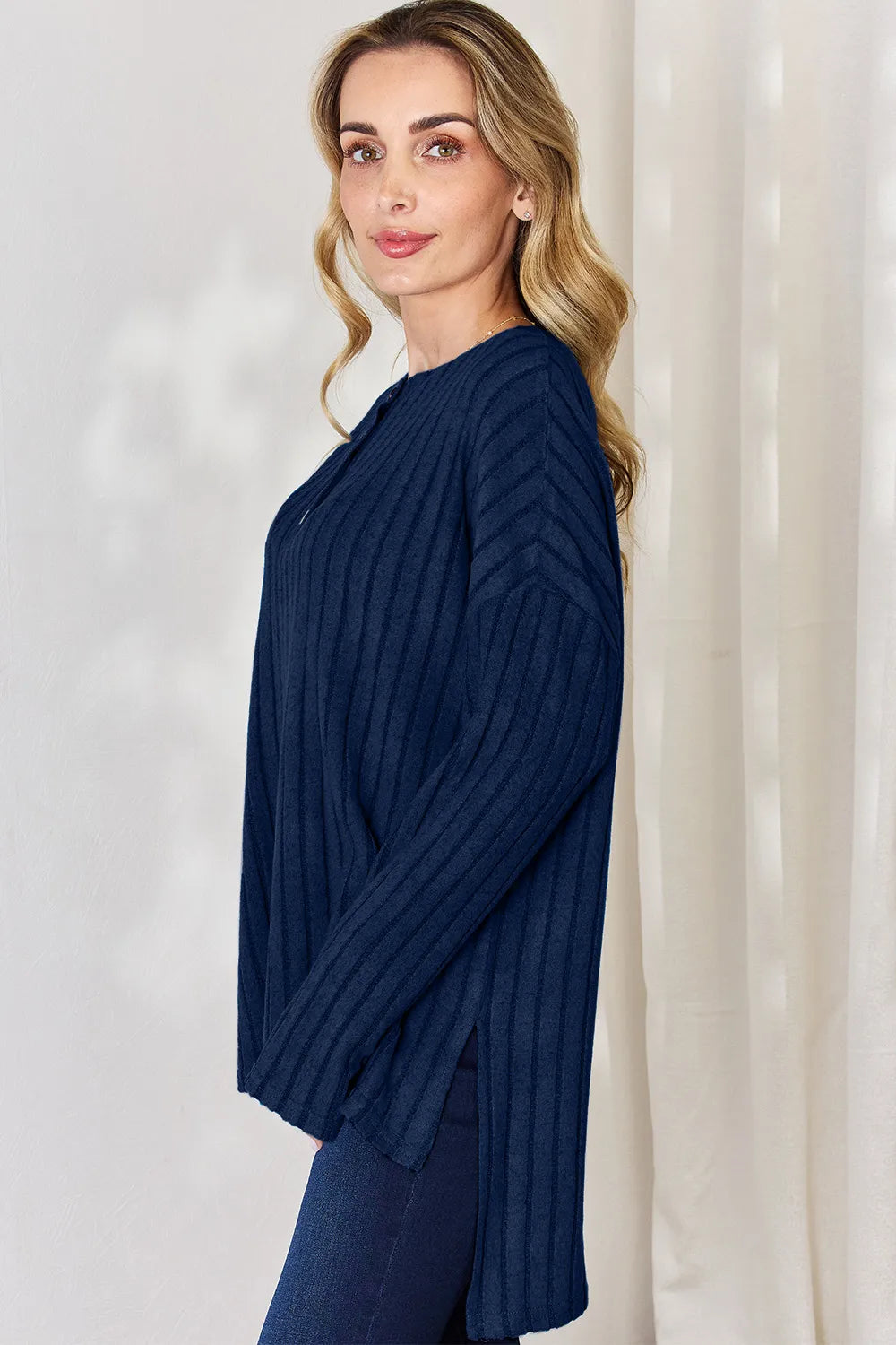 Sky blue Basic Bae ribbed long sleeve high-low T-shirt with half buttons, full size, by Trendsi.