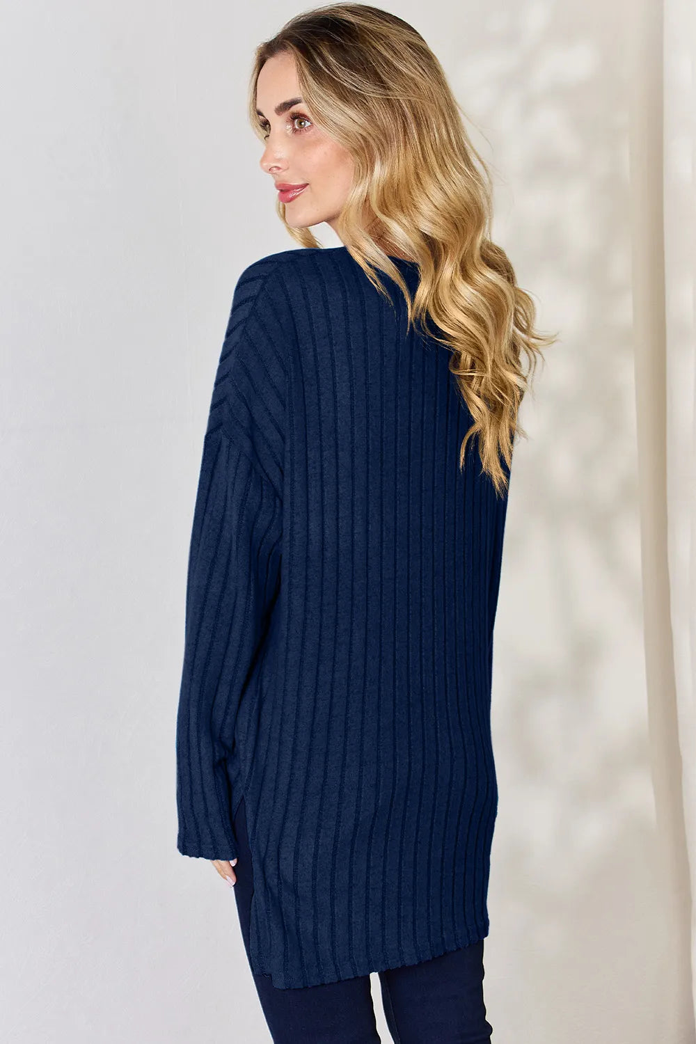 Sky blue Basic Bae ribbed long sleeve T-shirt with half-button detail and high-low hem by Trendsi