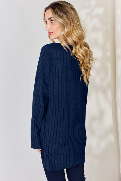 Sky blue Basic Bae ribbed long sleeve T-shirt with half-button detail and high-low hem by Trendsi