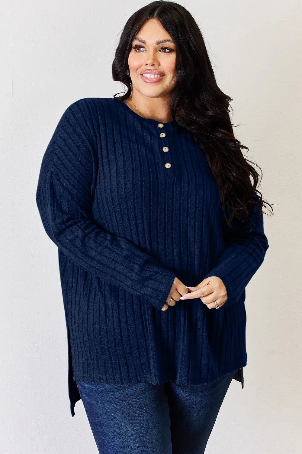 Sky blue Basic Bae ribbed long sleeve high-low T-shirt with half button detail, full size, from Trendsi.