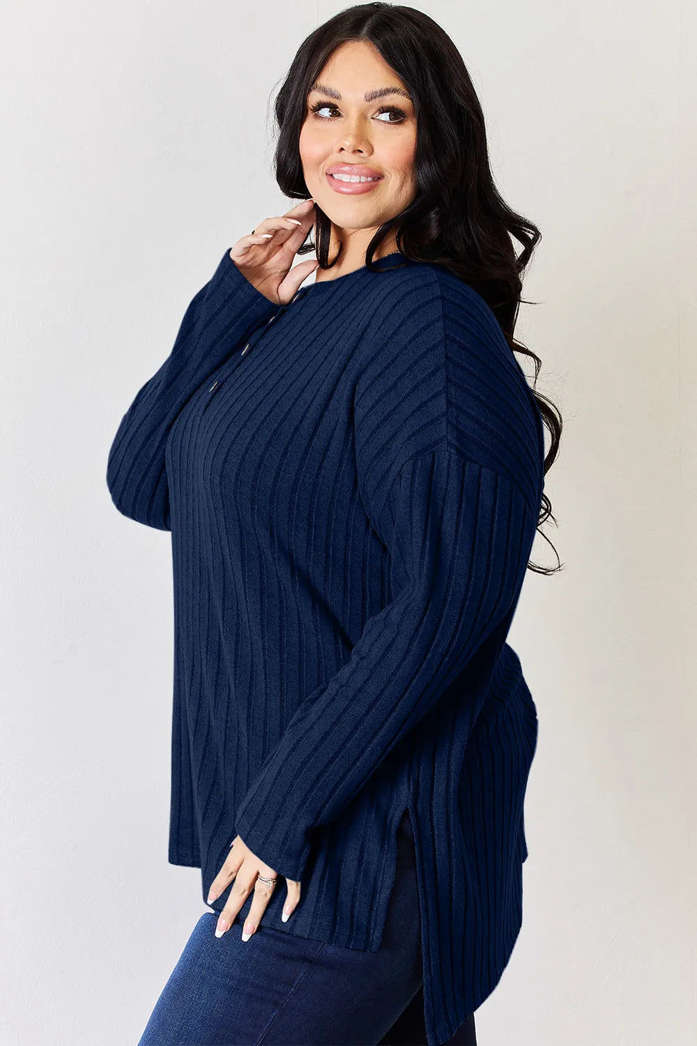 Sky blue ribbed long sleeve high-low T-shirt with half button front by Trendsi, featuring a basic Bae full size design.