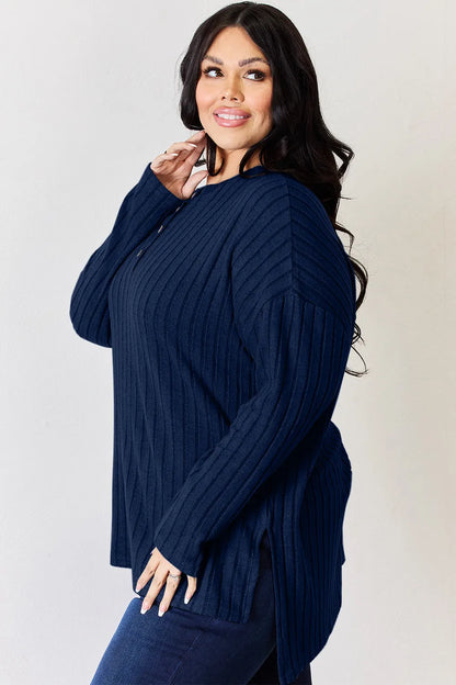 Sky blue ribbed long sleeve high-low T-shirt with half button front by Trendsi, featuring a basic Bae full size design.