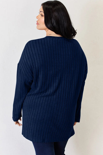 Sky-blue Trendsi Basic Bae long sleeve ribbed high-low T-shirt with half button front and relaxed fit.