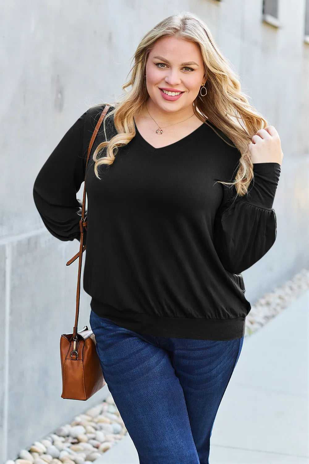 Sky blue Basic Bae V-neck lantern sleeve top by Trendsi, full size, lightweight fabric, stylish casual blouse.