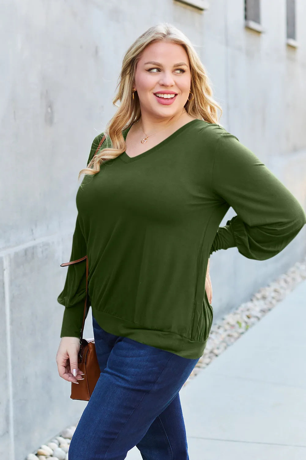 Sky blue Basic Bae V-Neck Lantern Sleeve Top by Trendsi, showing the full-size top with a V-neck and lantern sleeves.