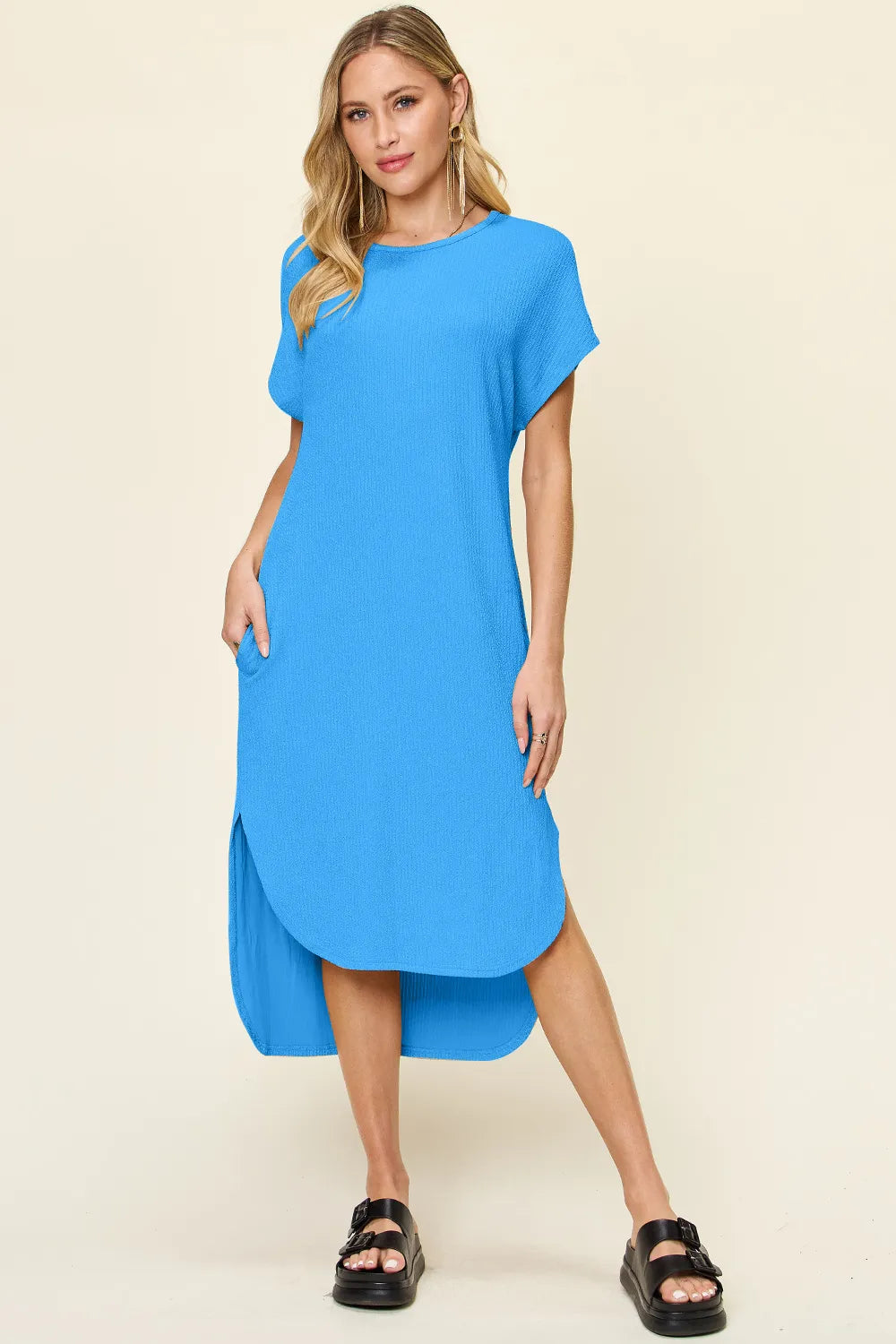 Sky blue double take full-size round neck short sleeve slit dress by Trendsi, featuring a flattering fit and stylish slit detail.