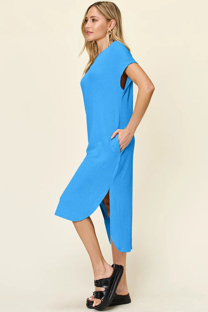 Sky blue double take full size round neck short sleeve slit dress by Trendsi, showcasing a stylish, flowy design with a slit detail.