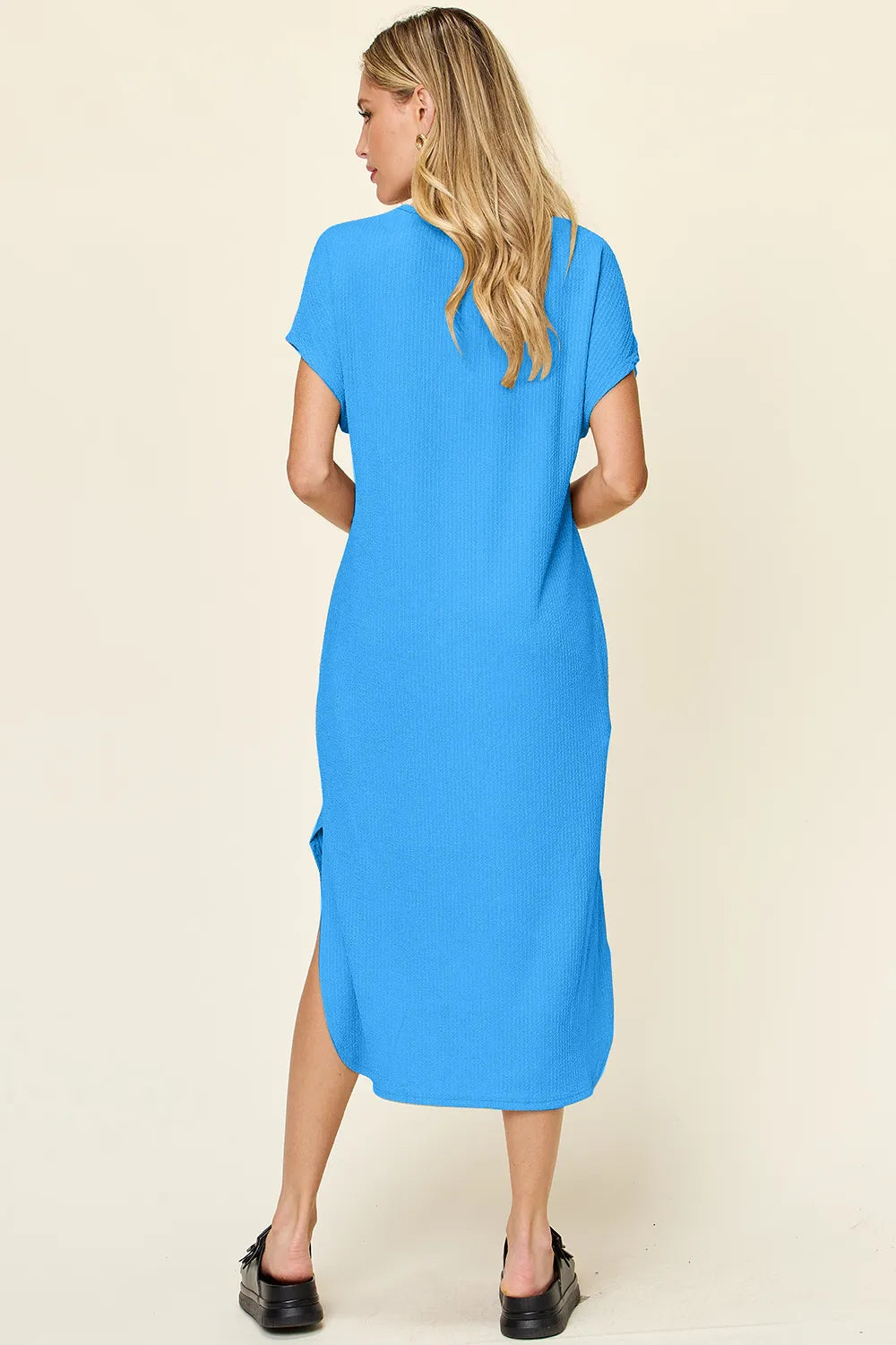 Sky blue double take full-size round neck short sleeve slit dress by Trendsi, showcasing a flattering fit and stylish design.