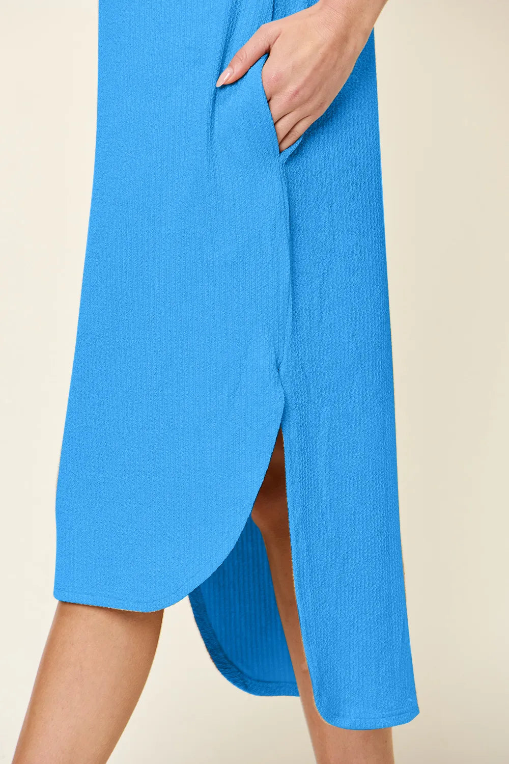 Sky blue double take full size round neck short sleeve slit dress by Trendsi, featuring a comfortable fit and stylish design.
