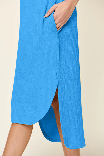 Sky blue double take full size round neck short sleeve slit dress by Trendsi, featuring a comfortable fit and stylish design.