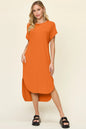 Sky-blue Trendsi Double Take full-size round neck short sleeve slit dress displayed on a hanger.