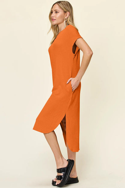 Sky blue double take full-size round neck short sleeve slit dress by Trendsi, showing the stylish casual dress with slit detail