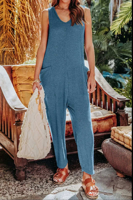 Sky-blue double take full-size sleeveless straight jumpsuit by Trendsi, featuring a sleek, fitted design and wide-legged style.
