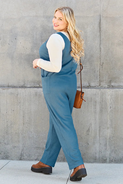 Sky-blue Trendsi Double Take sleeveless straight jumpsuit, full size, with a fitted bodice and wide-leg pants, casual and chic.