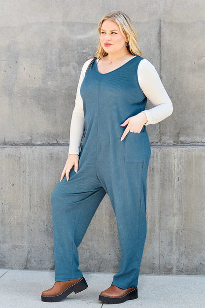 Sky blue double take sleeveless straight jumpsuit by Trendsi, full size, with a fitted bodice and wide-leg design.