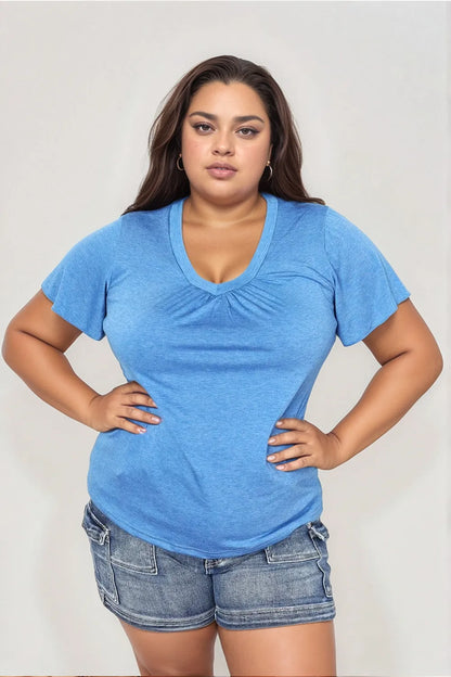 Sky blue double take ruched V-neck short sleeve T-shirt from Trendsi, fitted design with ruched details and short sleeves.
