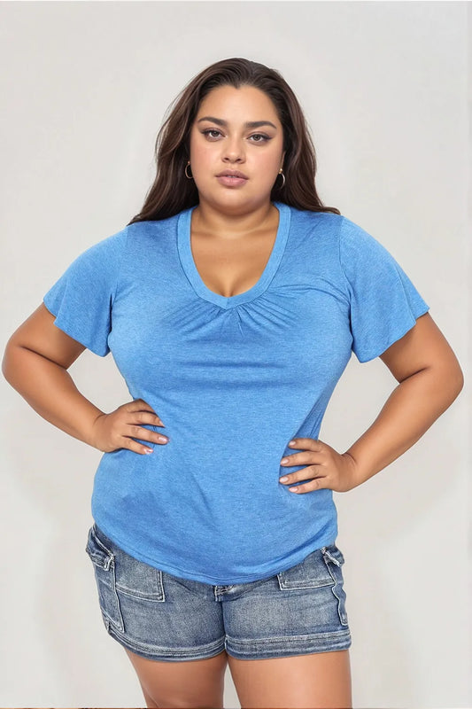 Sky blue double take ruched V-neck short sleeve T-shirt from Trendsi, fitted design with ruched details and short sleeves.