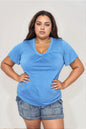 Sky blue double take ruched V-neck short sleeve T-shirt from Trendsi, fitted design with ruched details and short sleeves.