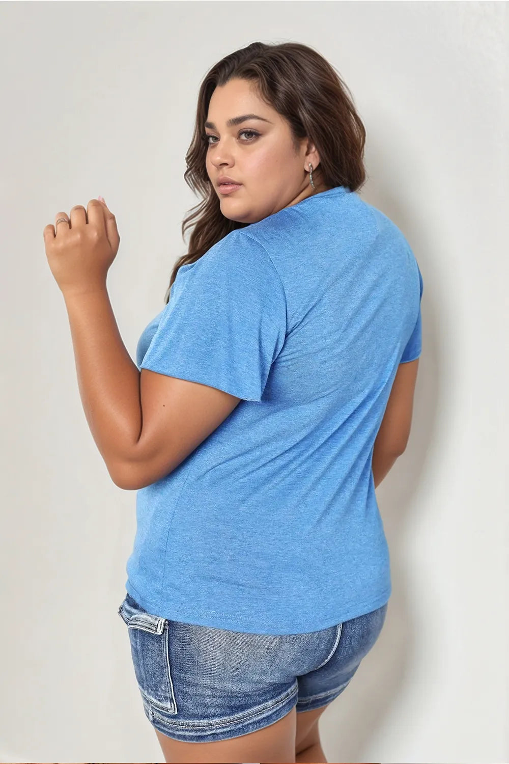 Sky blue Trendsi Double Take Ruched V-Neck Short Sleeve T-Shirt with fitted ruching and a flattering V-neck design.