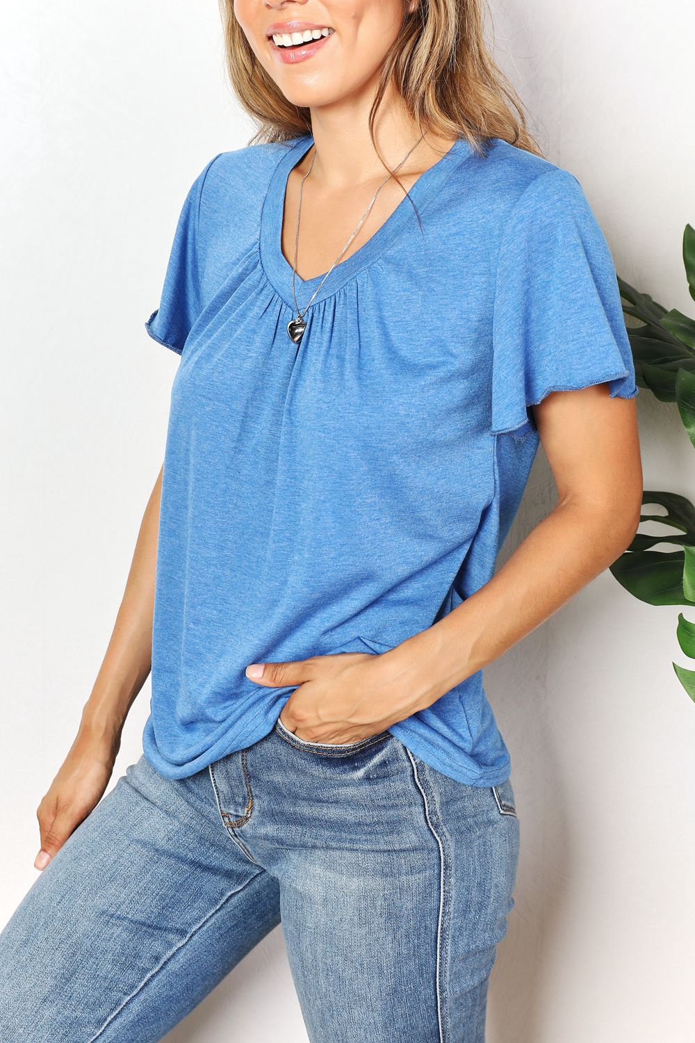 Sky blue Trendsi Double Take ruched V-neck short sleeve T-shirt, casual fit with ruched detail on the front.