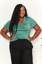 Sky-blue Trendsi Double Take Ruched V-Neck Short Sleeve T-Shirt displayed, featuring a fitted, ruched design and V-neck style.