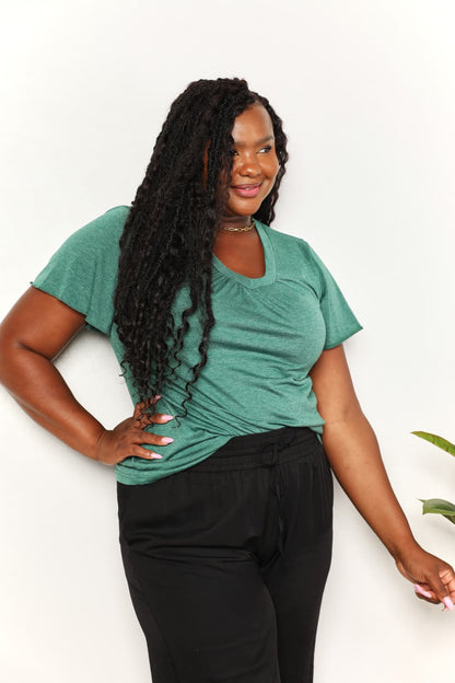 Sky blue Trendsi Double Take Ruched V-Neck Short Sleeve T-Shirt, close-up of fitted fabric and V-neck design.