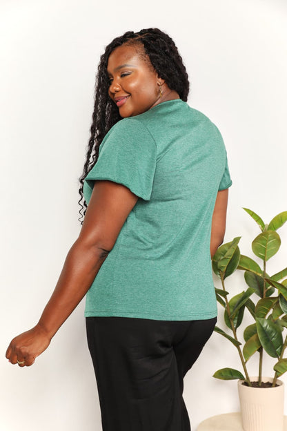 Sky-blue Trendsi Double Take ruched V-neck short sleeve T-shirt, casual women's top with flattering ruching detail.