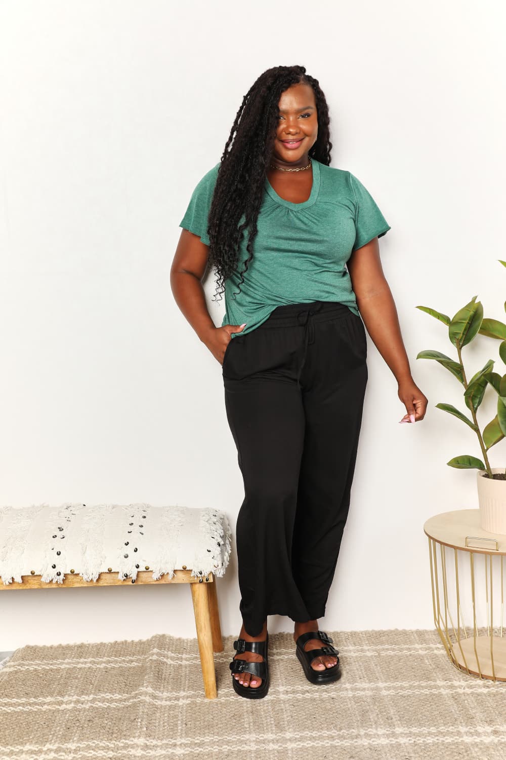 Sky-blue Trendsi Double Take Ruched V-Neck Short Sleeve T-Shirt with gathered front detailing and fitted style.