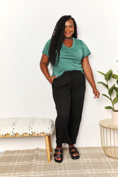 Sky-blue Trendsi Double Take Ruched V-Neck Short Sleeve T-Shirt with gathered front detailing and fitted style.