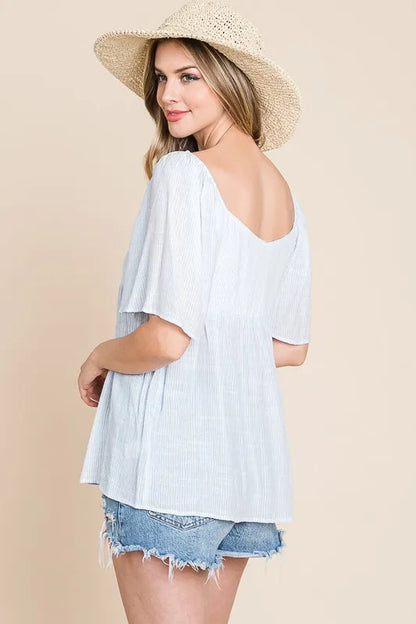 Sky-blue Lime 'N' Chili thin striped tie-front babydoll top by Trendsi, featuring a stylish, lightweight design and flattering fit.