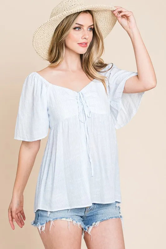 Sky blue Lime 'N' Chili thin striped babydoll top with tie-front, trendy and lightweight, perfect for casual wear.