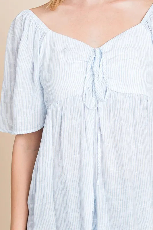 Sky blue Lime 'N' Chili thin striped tie-front babydoll top by Trendsi, featuring a stylish lightweight design and relaxed fit.
