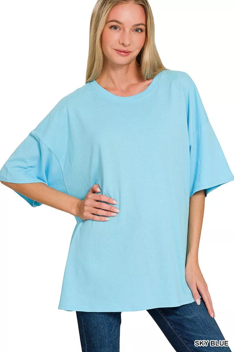Sky-blue Zenana cotton short sleeve oversized tunic tee, casual and comfortable, displayed on a neutral background.