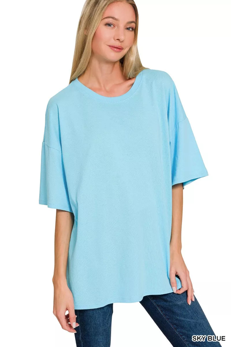 Sky blue Zenana cotton oversized short sleeve tunic tee, casual fit, soft fabric, displayed on a hanger.