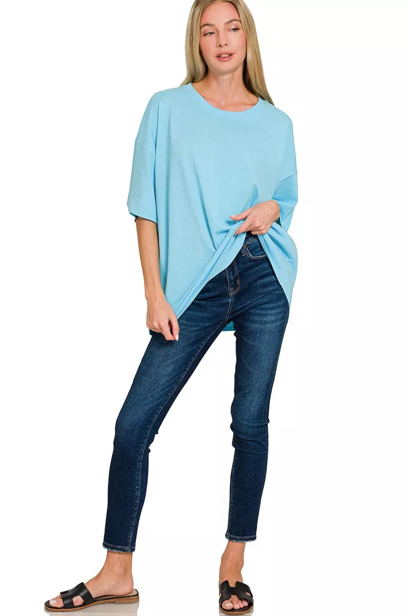 Sky blue Zenana cotton oversized short sleeve tunic tee, relaxed fit, casual style, front view on a plain background.