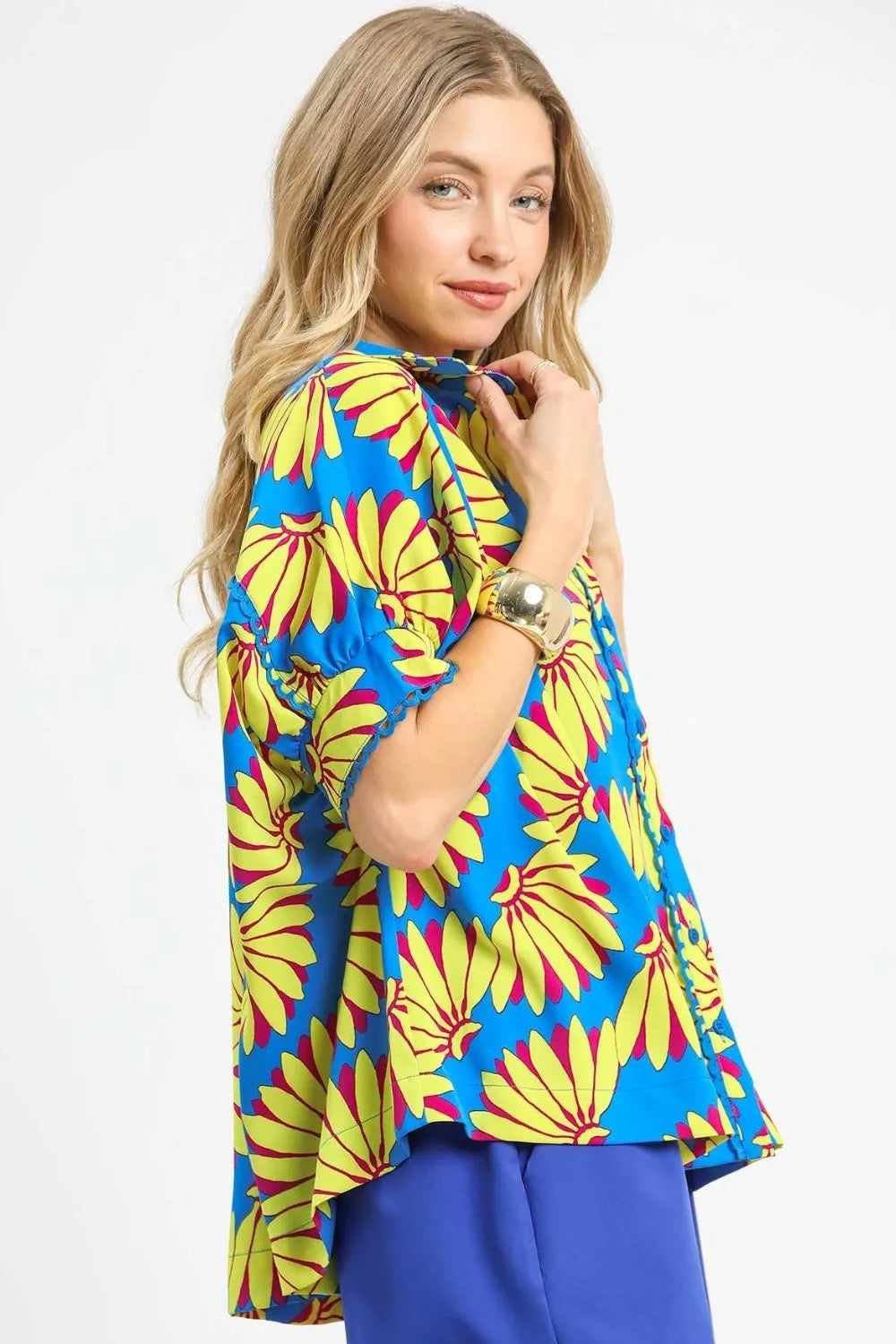 Sky blue Umgee printed button-up relaxed shirt with a casual fit, featuring a classic collar and long sleeves.