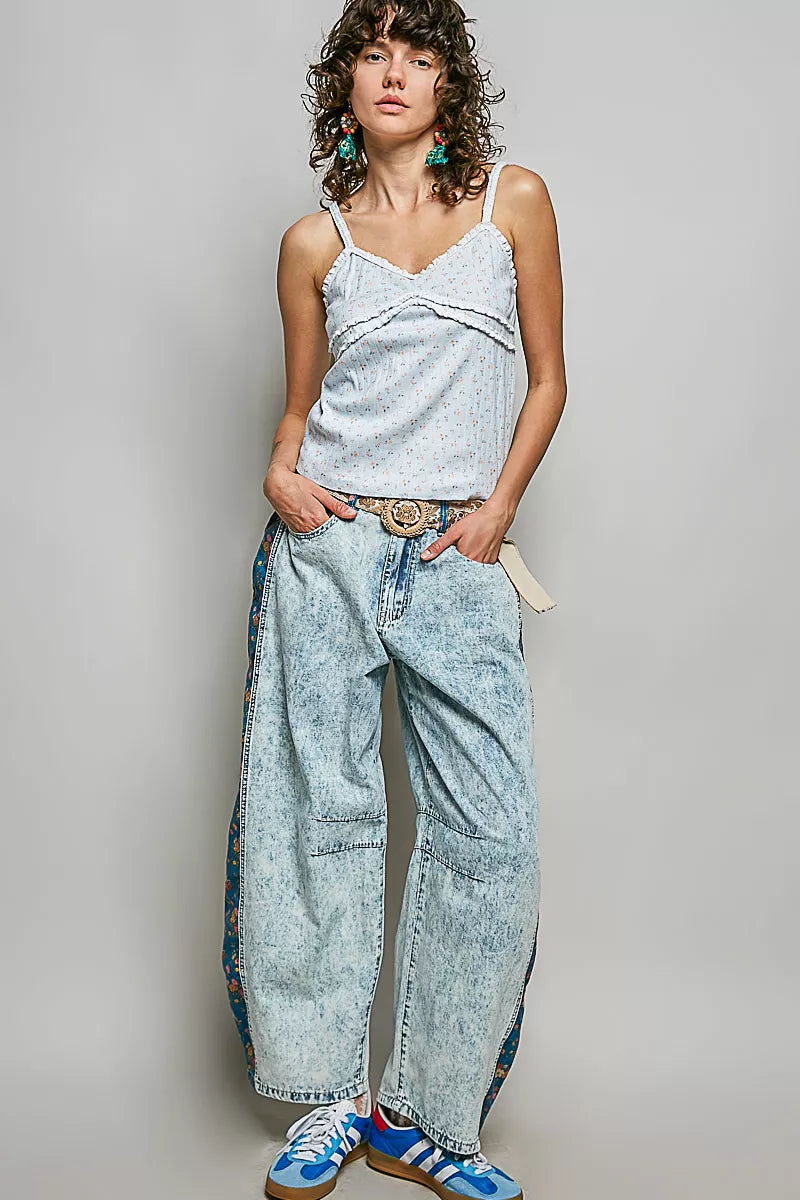 Trendsi POL floral printed lightweight ribbed knit cami top with spaghetti straps and colorful floral pattern.