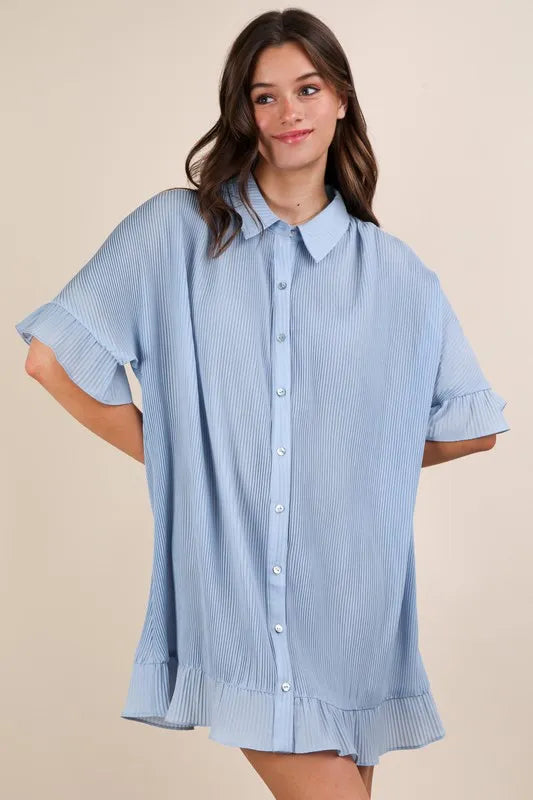 Sky blue Very J pleated detail button-down mini dress from Trendsi, featuring a stylish fit with pleats and a collared neckline.